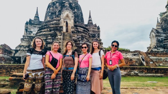 Group photo at the temples in Ayutthaya in Northern Thailand 