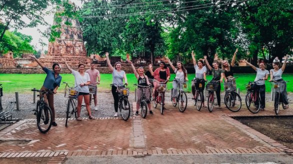 A group photo during the bike ride around the temples in Ayutthaya Chiang Mai Thailand