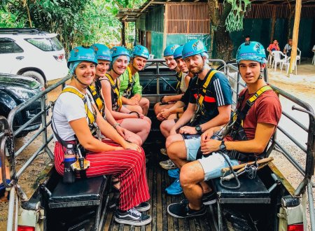 A group photo on the truck before going to the zip line in Chiang Mai Thailand 